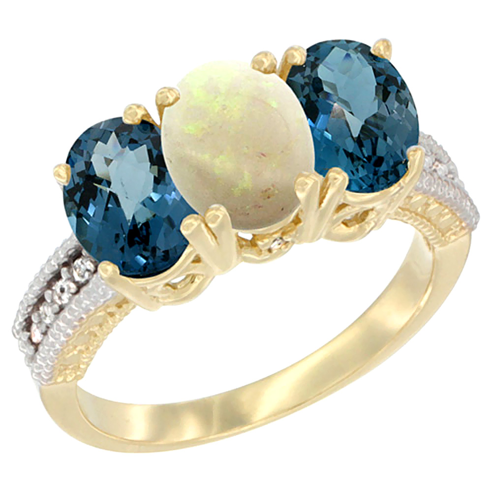 14K Yellow Gold Natural Opal &amp; London Blue Topaz Sides Ring 3-Stone 7x5 mm Oval Diamond Accent, sizes 5 - 10