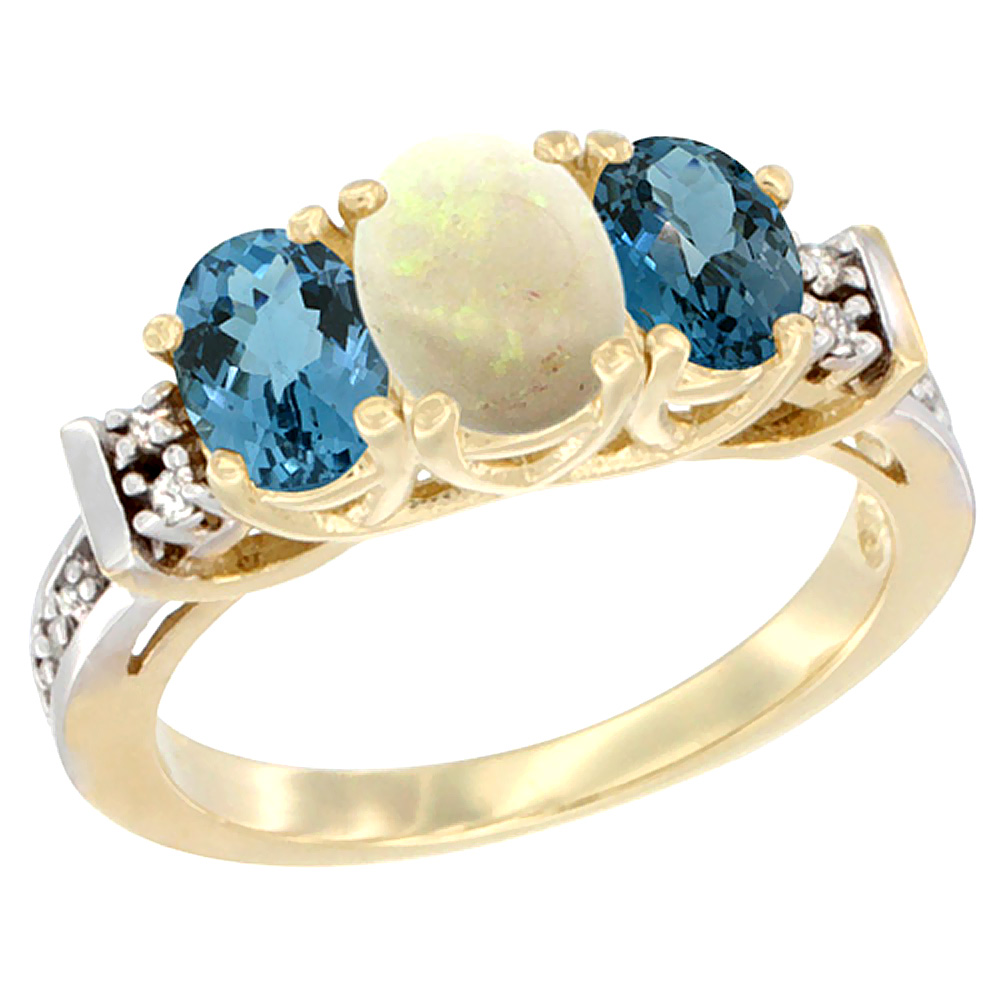 14K Yellow Gold Natural Opal &amp; London Blue Ring 3-Stone Oval Diamond Accent