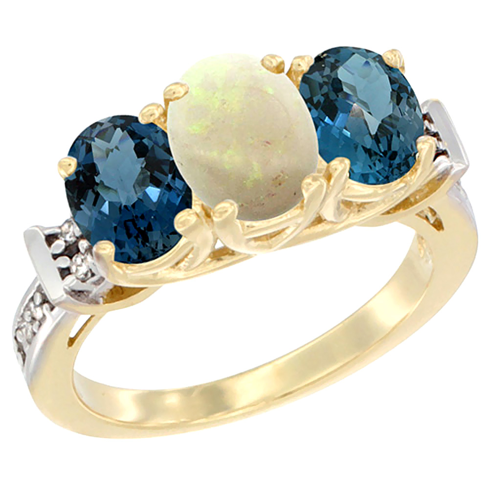 10K Yellow Gold Natural Opal & London Blue Topaz Sides Ring 3-Stone Oval Diamond Accent, sizes 5 - 10