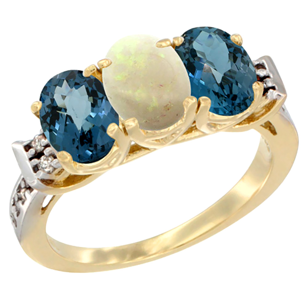 14K Yellow Gold Natural Opal &amp; London Blue Topaz Sides Ring 3-Stone 7x5 mm Oval Diamond Accent, sizes 5 - 10
