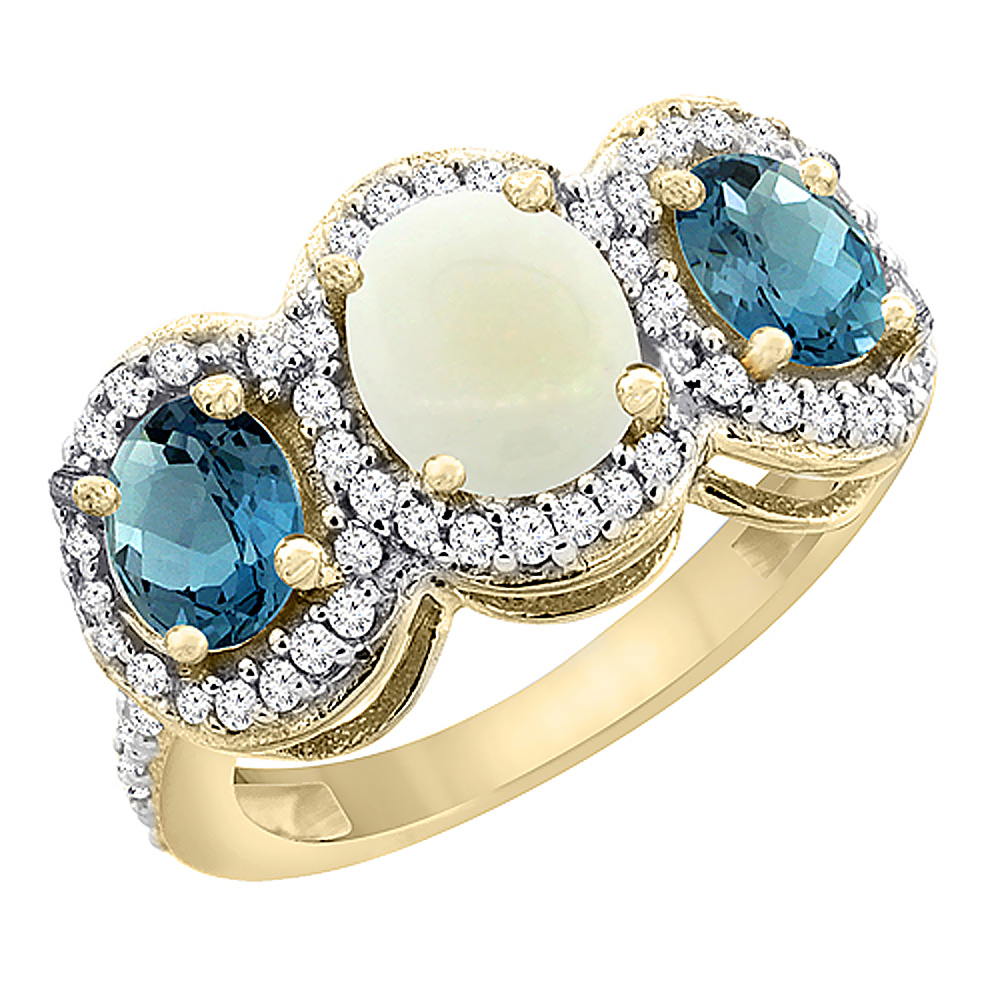 14K Yellow Gold Natural Opal &amp; London Blue Topaz 3-Stone Ring Oval Diamond Accent, sizes 5 - 10