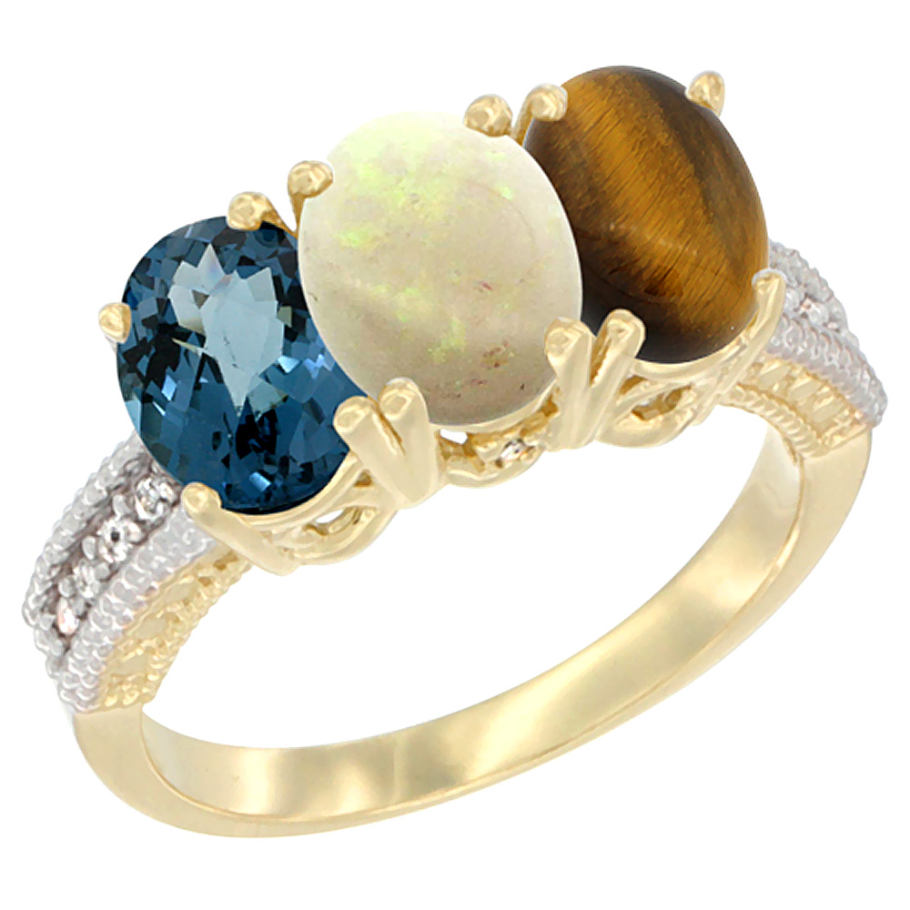 14K Yellow Gold Natural London Blue Topaz, Opal &amp; Tiger Eye Ring 3-Stone 7x5 mm Oval Diamond Accent, sizes 5 - 10