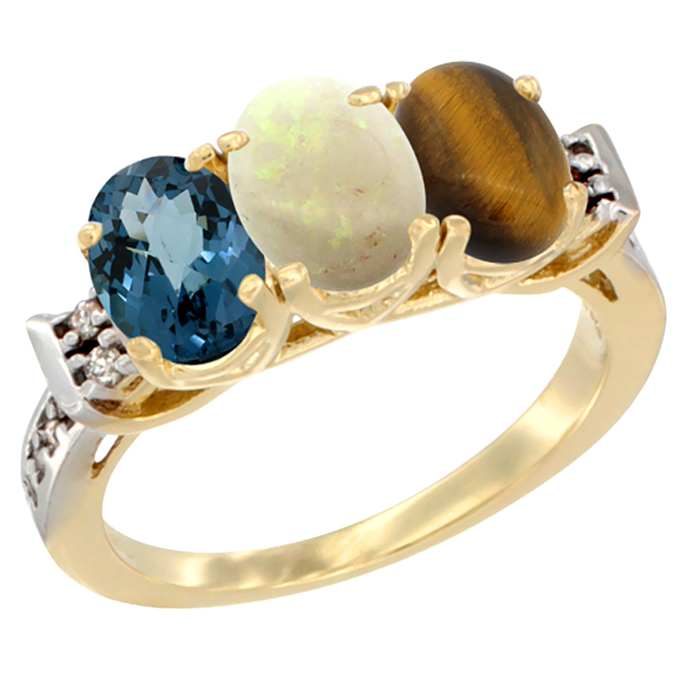 10K Yellow Gold Natural London Blue Topaz, Opal & Tiger Eye Ring 3-Stone Oval 7x5 mm Diamond Accent, sizes 5 - 10
