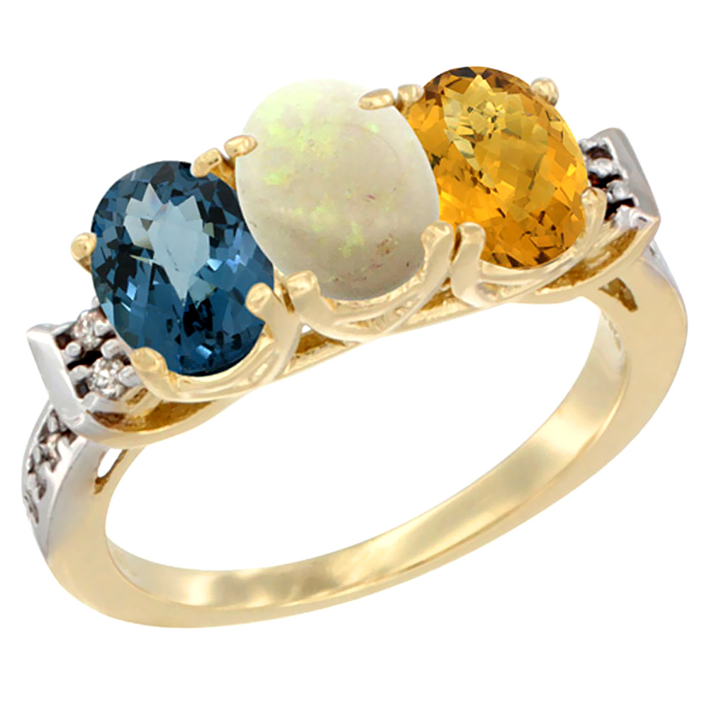 10K Yellow Gold Natural London Blue Topaz, Opal & Whisky Quartz Ring 3-Stone Oval 7x5 mm Diamond Accent, sizes 5 - 10