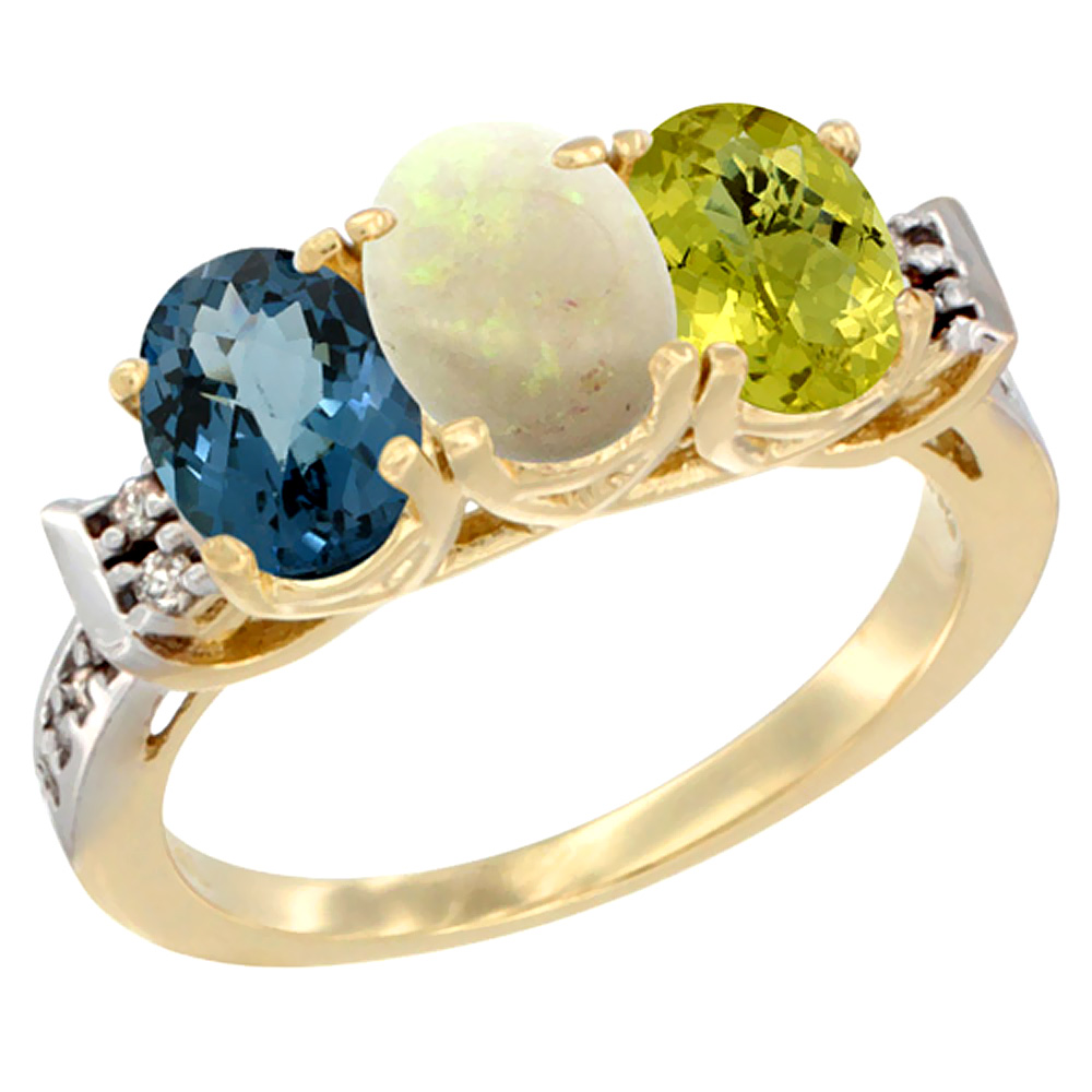 14K Yellow Gold Natural London Blue Topaz, Opal &amp; Lemon Quartz Ring 3-Stone 7x5 mm Oval Diamond Accent, sizes 5 - 10