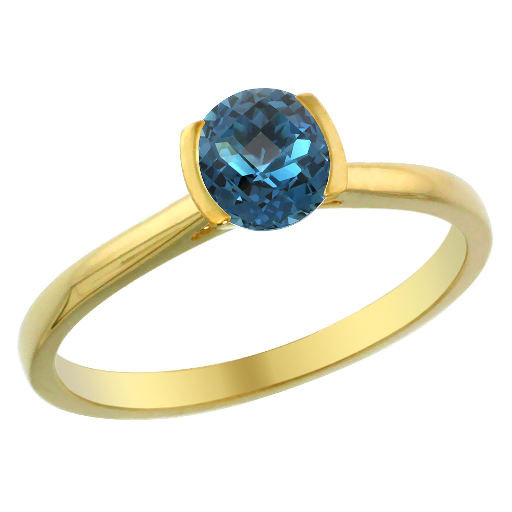 14K Yellow Gold Natural London Blue Topaz Solitaire Ring Round 5mm, sizes 5 - 10