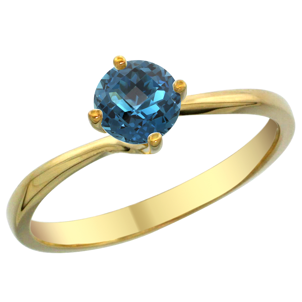 14K Yellow Gold Natural London Blue Topaz Solitaire Ring Round 6mm, sizes 5 - 10