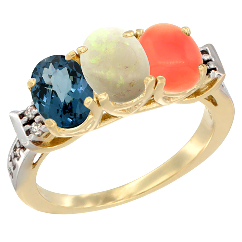 14K Yellow Gold Natural London Blue Topaz, Opal &amp; Coral Ring 3-Stone 7x5 mm Oval Diamond Accent, sizes 5 - 10