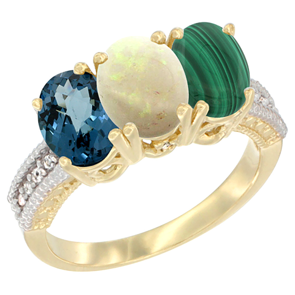 14K Yellow Gold Natural London Blue Topaz, Opal &amp; Malachite Ring 3-Stone 7x5 mm Oval Diamond Accent, sizes 5 - 10