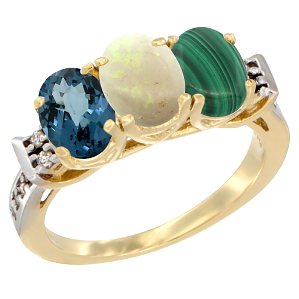 10K Yellow Gold Natural London Blue Topaz, Opal & Malachite Ring 3-Stone Oval 7x5 mm Diamond Accent, sizes 5 - 10