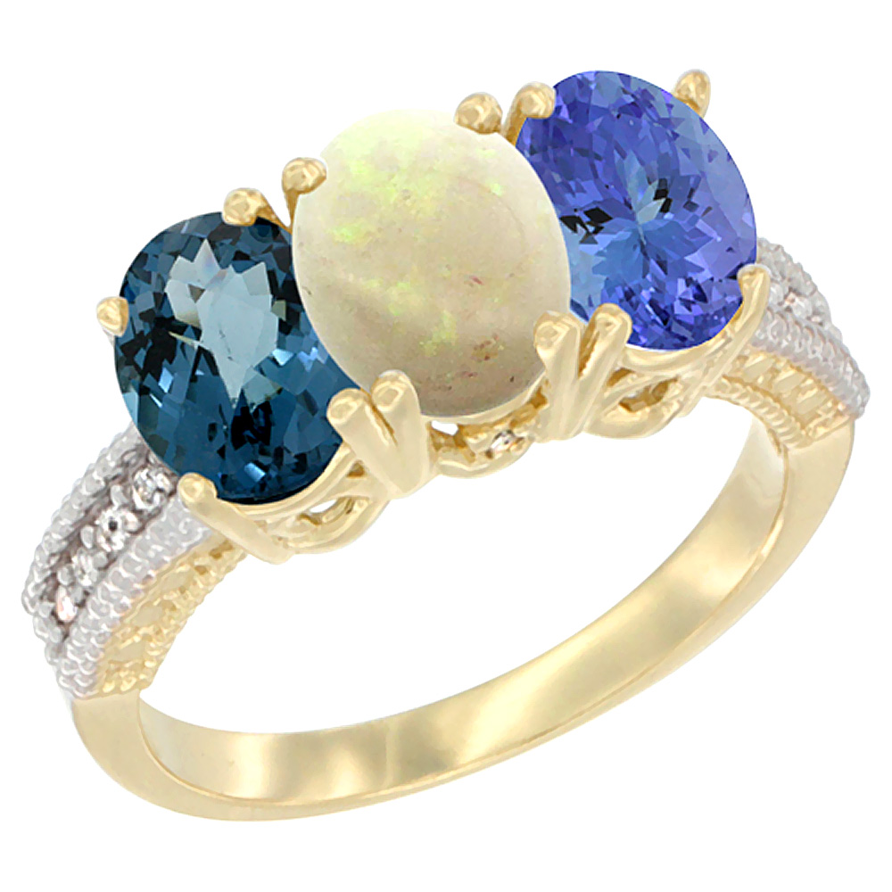 14K Yellow Gold Natural London Blue Topaz, Opal & Tanzanite Ring 3-Stone 7x5 mm Oval Diamond Accent, sizes 5 - 10