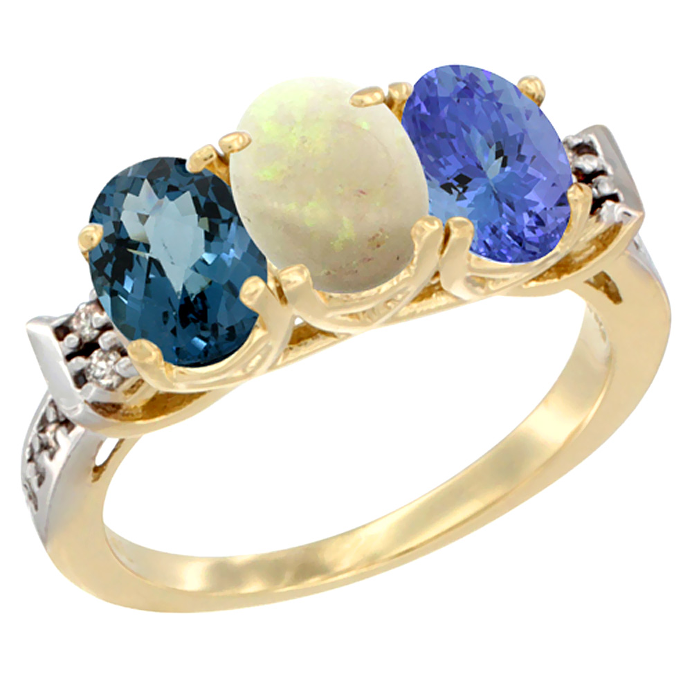 14K Yellow Gold Natural London Blue Topaz, Opal &amp; Tanzanite Ring 3-Stone 7x5 mm Oval Diamond Accent, sizes 5 - 10