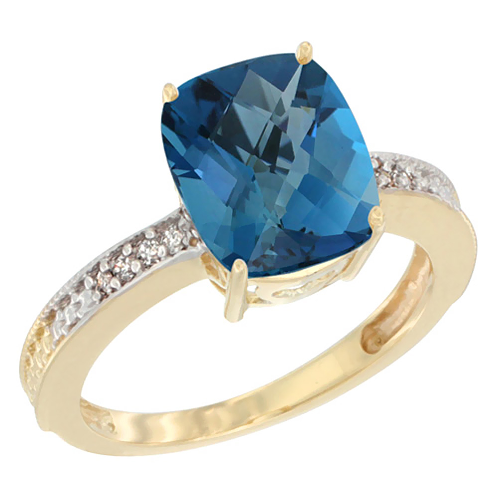 10K Yellow Gold Diamond Cushion 10x8 mm Natural London Blue Topaz Stone Ring, sizes 5 - 10