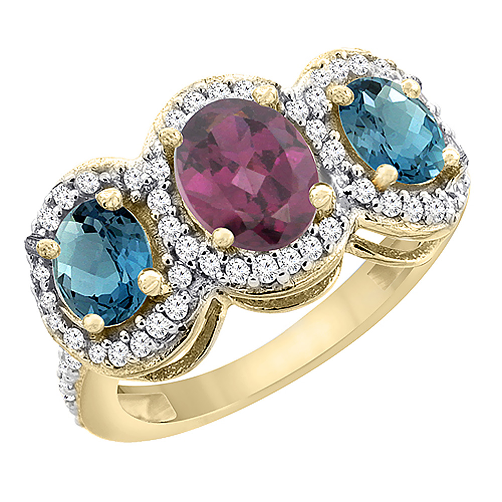 14K Yellow Gold Natural Rhodolite & London Blue Topaz 3-Stone Ring Oval Diamond Accent, sizes 5 - 10