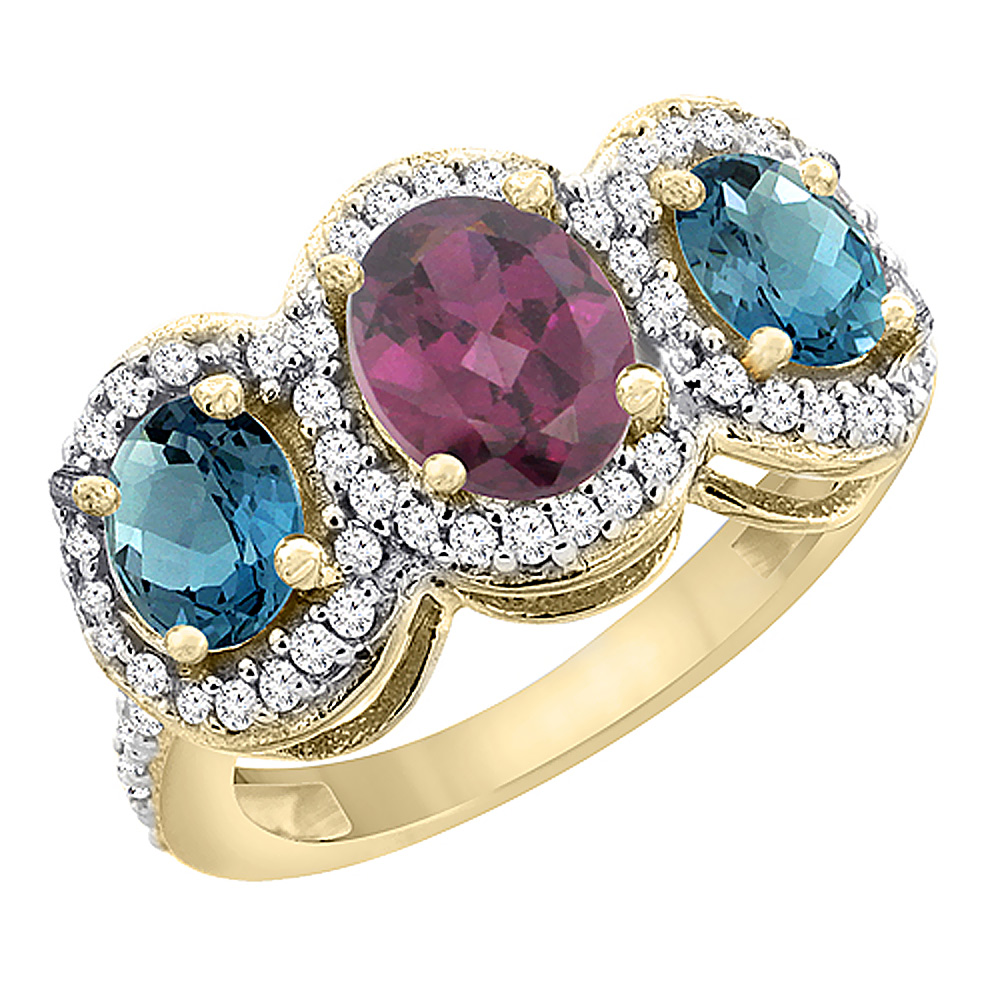 14K Yellow Gold Natural Rhodolite &amp; London Blue Topaz 3-Stone Ring Oval Diamond Accent, sizes 5 - 10