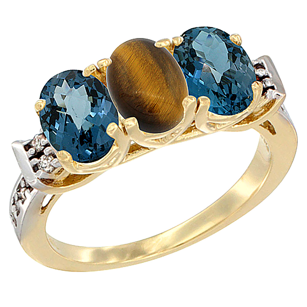 14K Yellow Gold Natural Tiger Eye & London Blue Topaz Sides Ring 3-Stone 7x5 mm Oval Diamond Accent, sizes 5 - 10