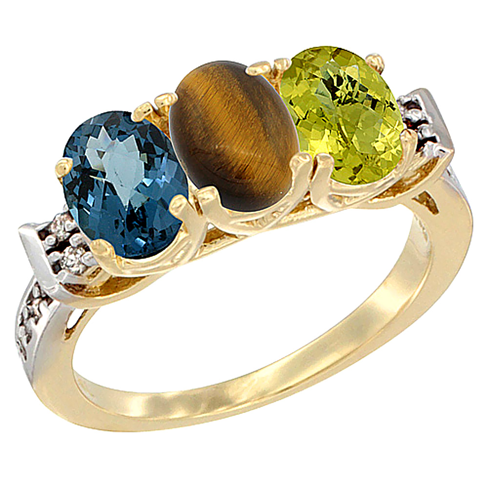 10K Yellow Gold Natural London Blue Topaz, Tiger Eye &amp; Lemon Quartz Ring 3-Stone Oval 7x5 mm Diamond Accent, sizes 5 - 10