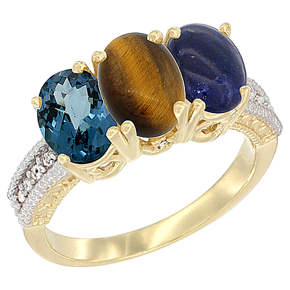 14K Yellow Gold Natural London Blue Topaz, Tiger Eye & Lapis Ring 3-Stone 7x5 mm Oval Diamond Accent, sizes 5 - 10