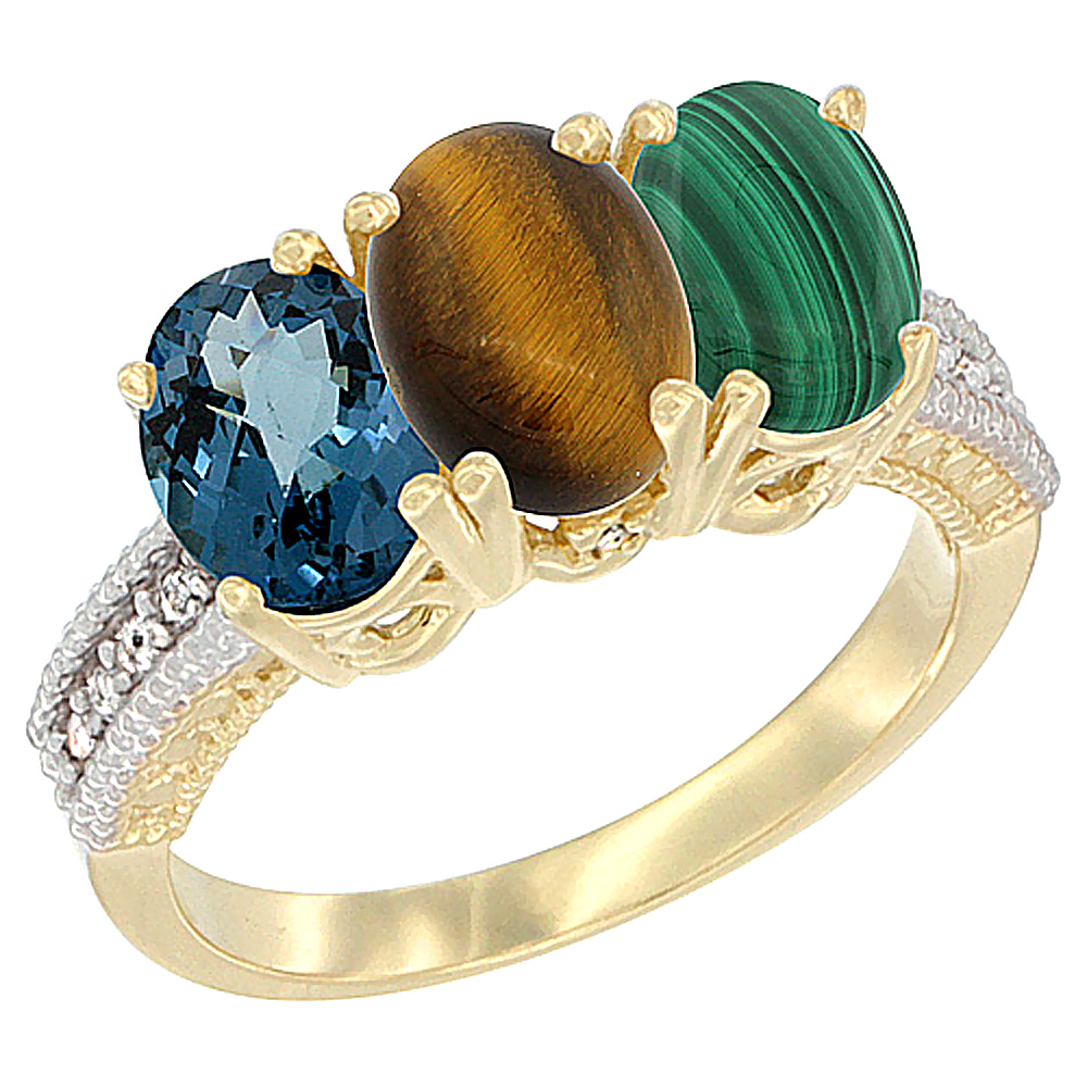 10K Yellow Gold Diamond Natural London Blue Topaz, Tiger Eye & Malachite Ring 3-Stone Oval 7x5 mm, sizes 5 - 10