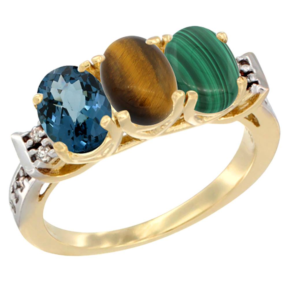 10K Yellow Gold Natural London Blue Topaz, Tiger Eye & Malachite Ring 3-Stone Oval 7x5 mm Diamond Accent, sizes 5 - 10