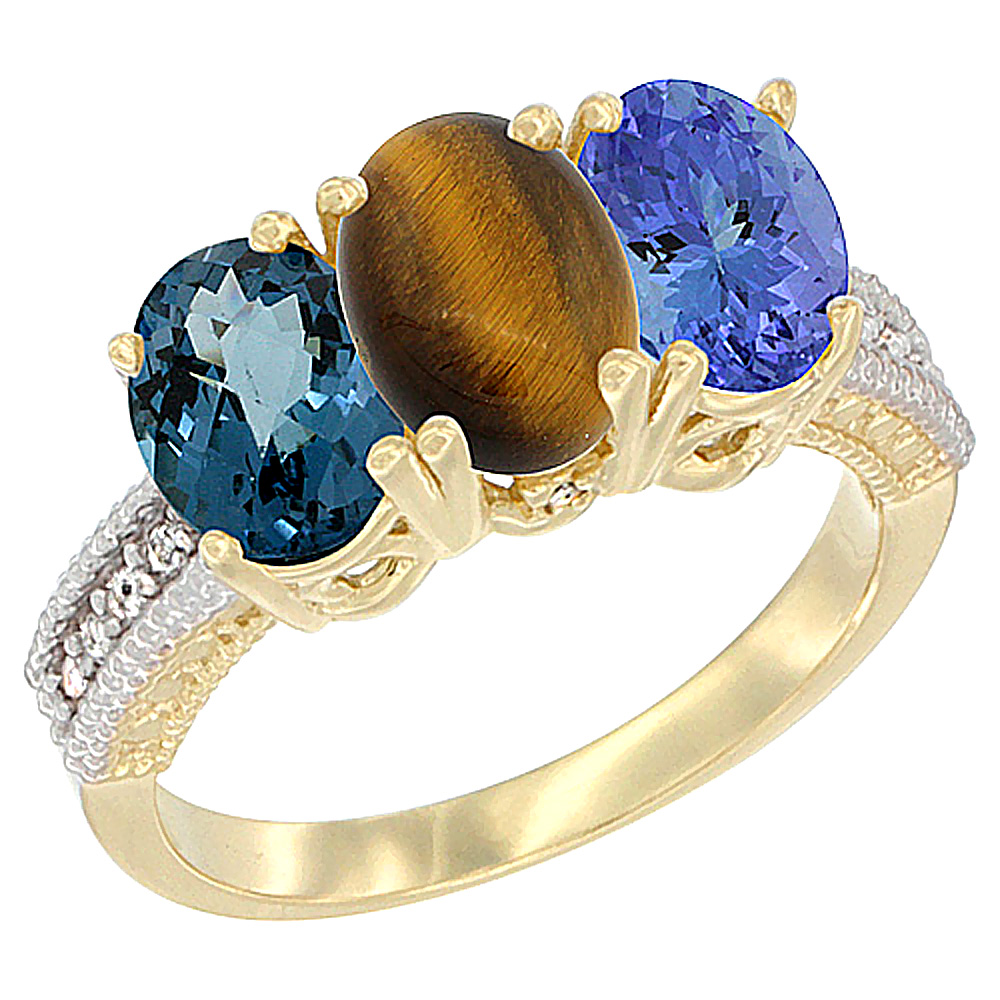 14K Yellow Gold Natural London Blue Topaz, Tiger Eye & Tanzanite Ring 3-Stone 7x5 mm Oval Diamond Accent, sizes 5 - 10