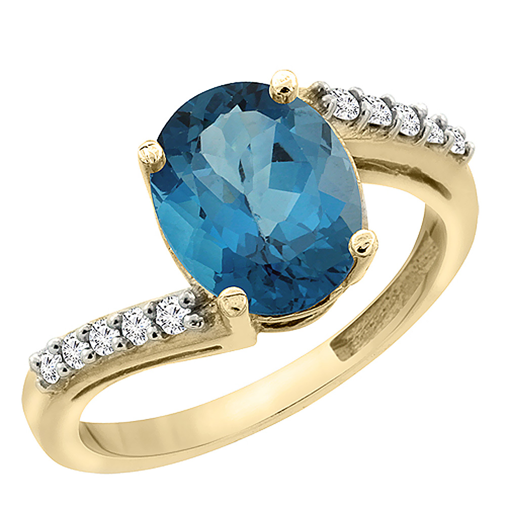 10K Yellow Gold Diamond Natural London Blue Topaz Engagement Ring Oval 10x8mm, sizes 5-10