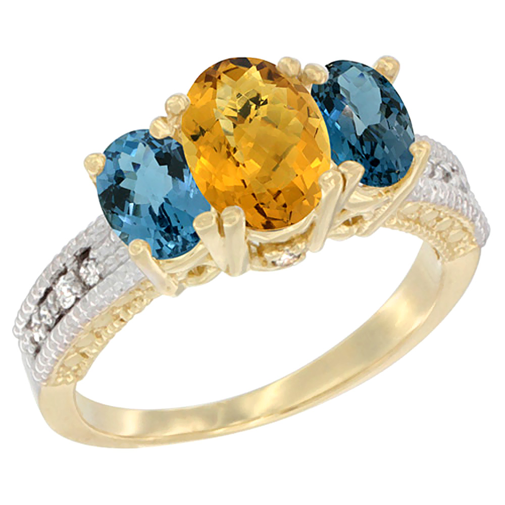 14K Yellow Gold Diamond Natural Whisky Quartz Ring Oval 3-stone with London Blue Topaz, sizes 5 - 10