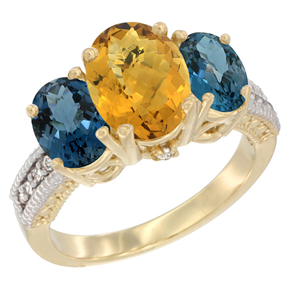 10K Yellow Gold Diamond Natural Whisky Quartz Ring 3-Stone Oval 8x6mm with London Blue Topaz, sizes5-10