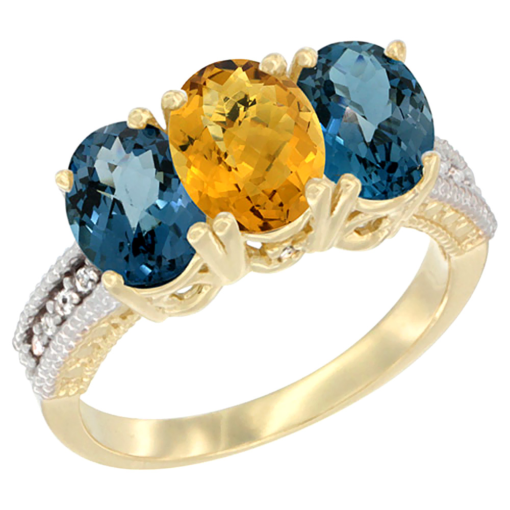 14K Yellow Gold Natural Whisky Quartz & London Blue Topaz Sides Ring 3-Stone 7x5 mm Oval Diamond Accent, sizes 5 - 10