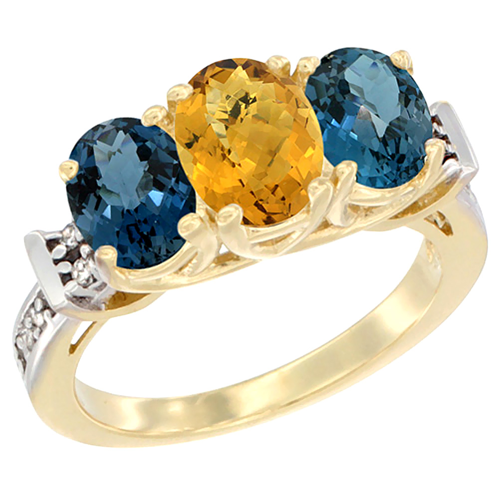 14K Yellow Gold Natural Whisky Quartz & London Blue Topaz Sides Ring 3-Stone Oval Diamond Accent, sizes 5 - 10