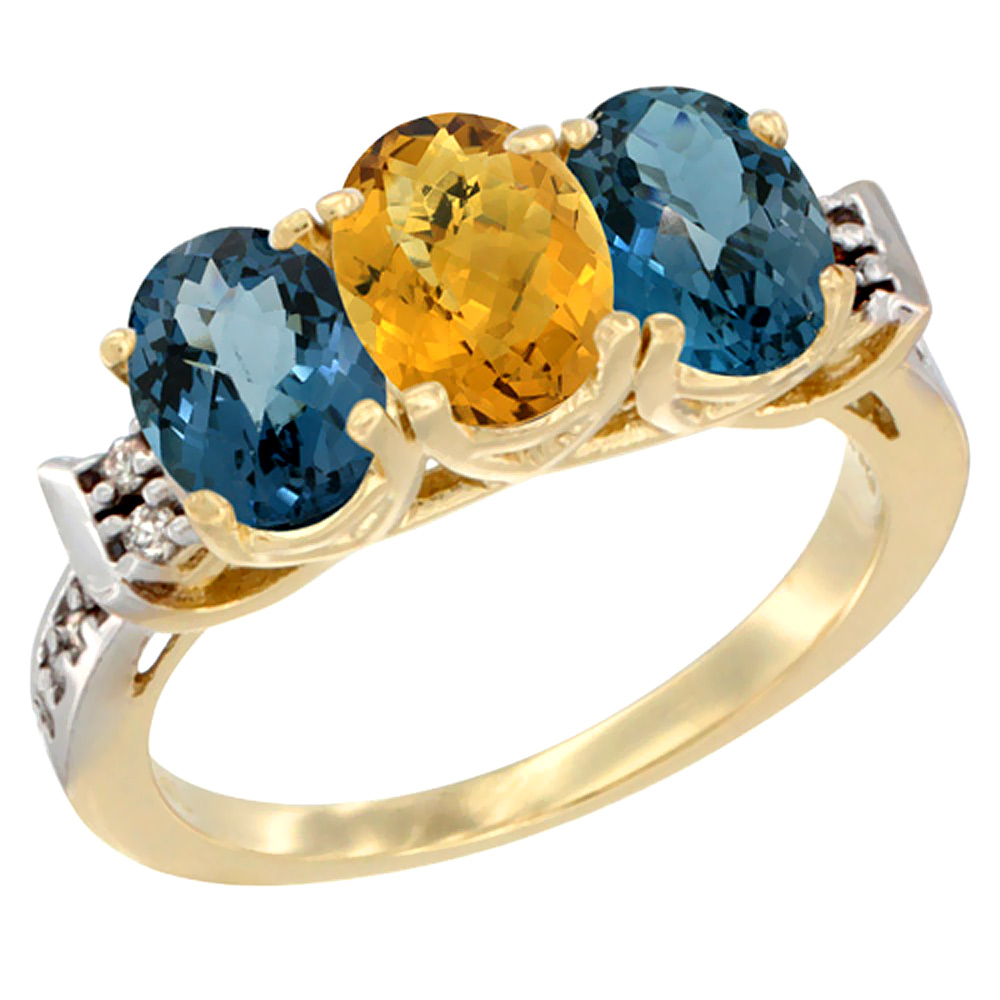 14K Yellow Gold Natural Whisky Quartz & London Blue Topaz Sides Ring 3-Stone 7x5 mm Oval Diamond Accent, sizes 5 - 10