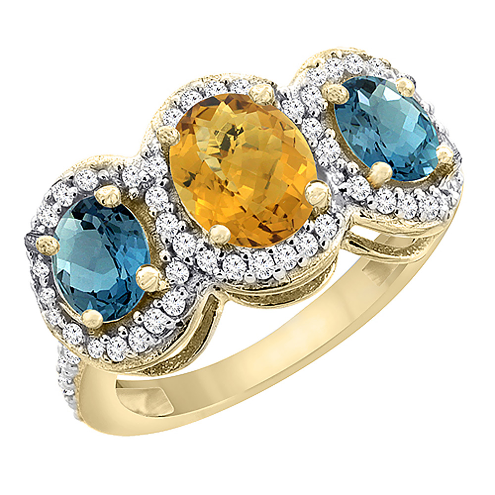 10K Yellow Gold Natural Whisky Quartz & London Blue Topaz 3-Stone Ring Oval Diamond Accent, sizes 5 - 10