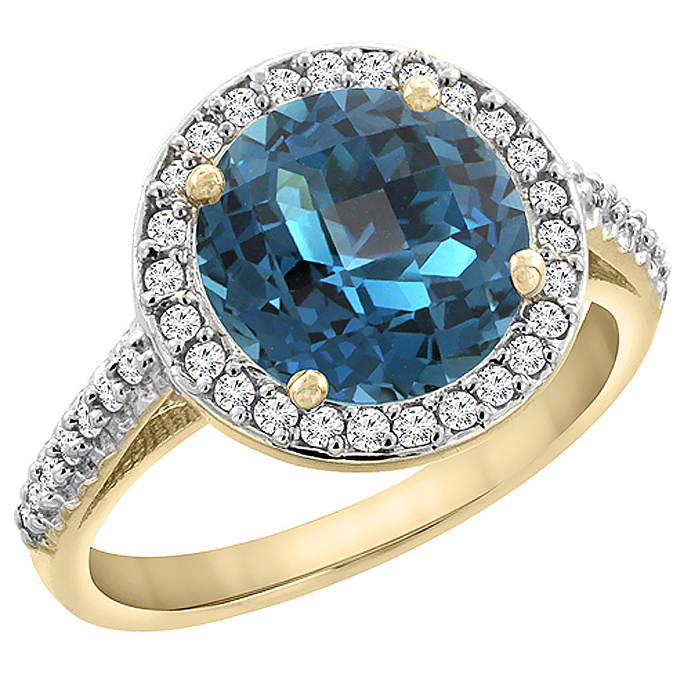 14K Yellow Gold Natural London Blue Topaz Ring Round 8mm Diamond Halo, sizes 5 to 10