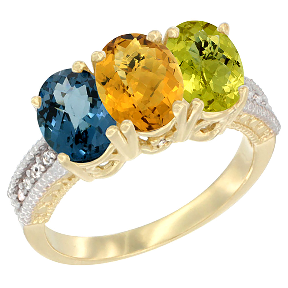 10K Yellow Gold Diamond Natural London Blue Topaz, Whisky Quartz & Lemon Quartz Ring 3-Stone Oval 7x5 mm, sizes 5 - 10