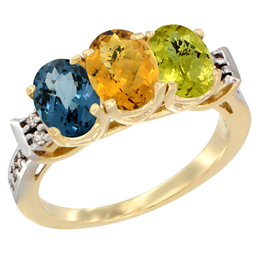 10K Yellow Gold Natural London Blue Topaz, Whisky Quartz & Lemon Quartz Ring 3-Stone Oval 7x5 mm Diamond Accent, sizes 5 - 10