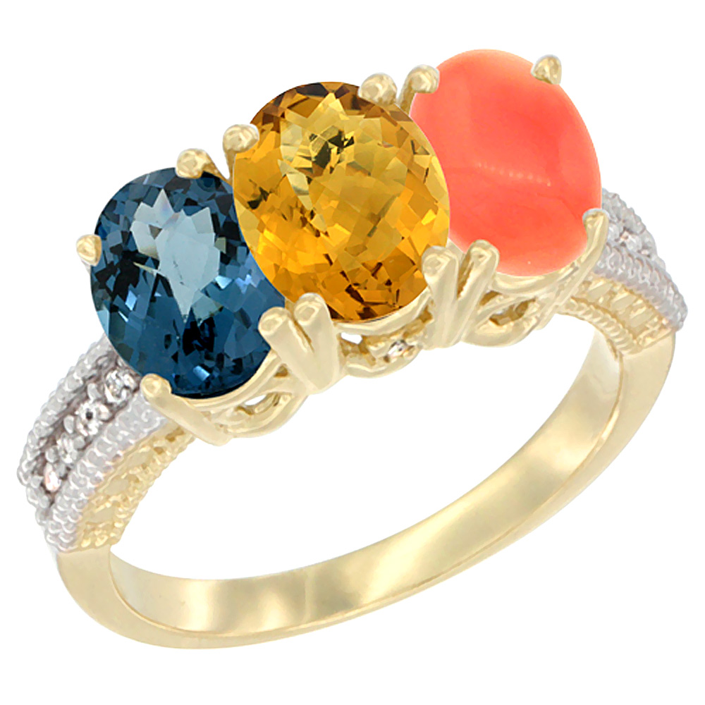 10K Yellow Gold Diamond Natural London Blue Topaz, Whisky Quartz & Coral Ring 3-Stone Oval 7x5 mm, sizes 5 - 10