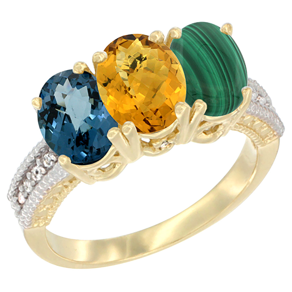 10K Yellow Gold Diamond Natural London Blue Topaz, Whisky Quartz & Malachite Ring 3-Stone Oval 7x5 mm, sizes 5 - 10