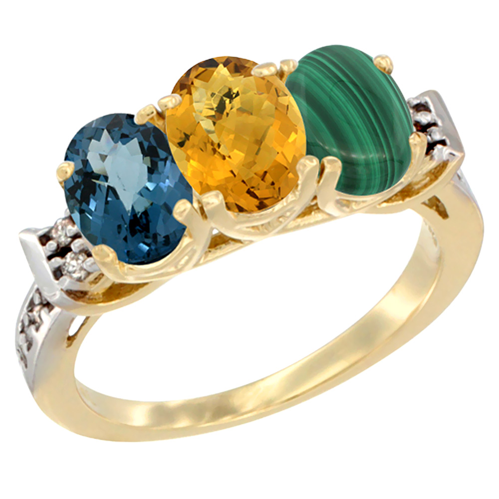 14K Yellow Gold Natural London Blue Topaz, Whisky Quartz &amp; Malachite Ring 3-Stone 7x5 mm Oval Diamond Accent, sizes 5 - 10