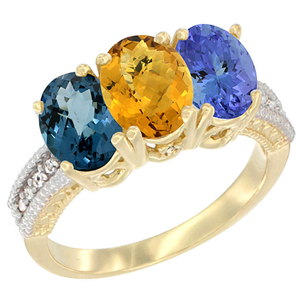 14K Yellow Gold Natural London Blue Topaz, Whisky Quartz &amp; Tanzanite Ring 3-Stone 7x5 mm Oval Diamond Accent, sizes 5 - 10