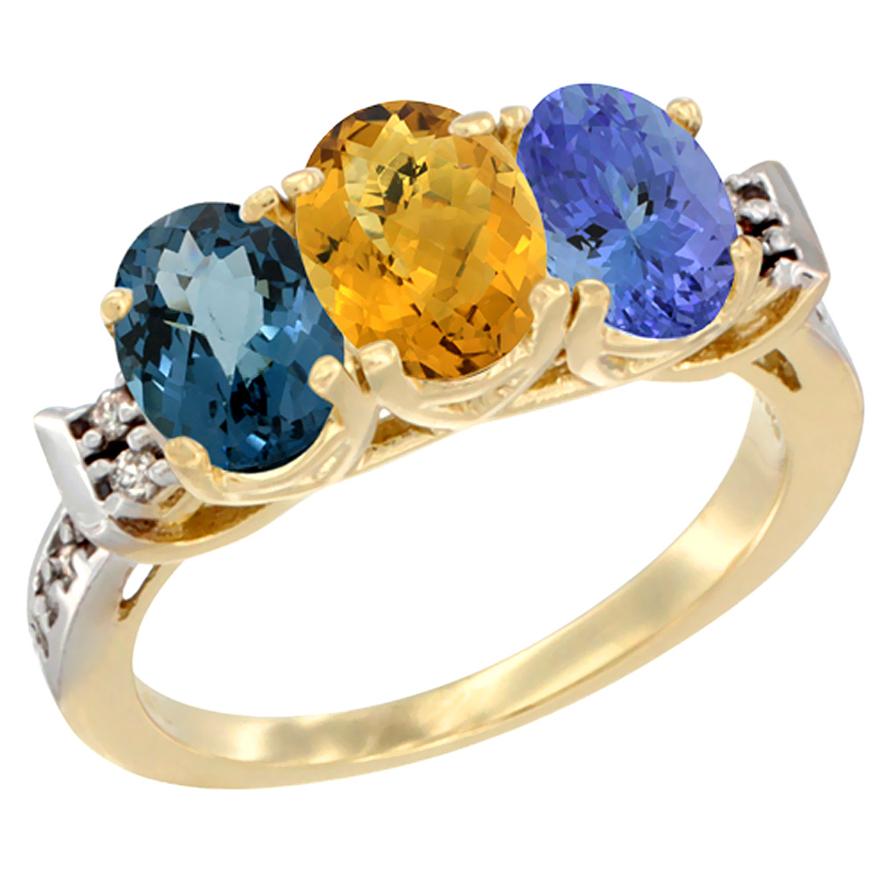 10K Yellow Gold Natural London Blue Topaz, Whisky Quartz & Tanzanite Ring 3-Stone Oval 7x5 mm Diamond Accent, sizes 5 - 10