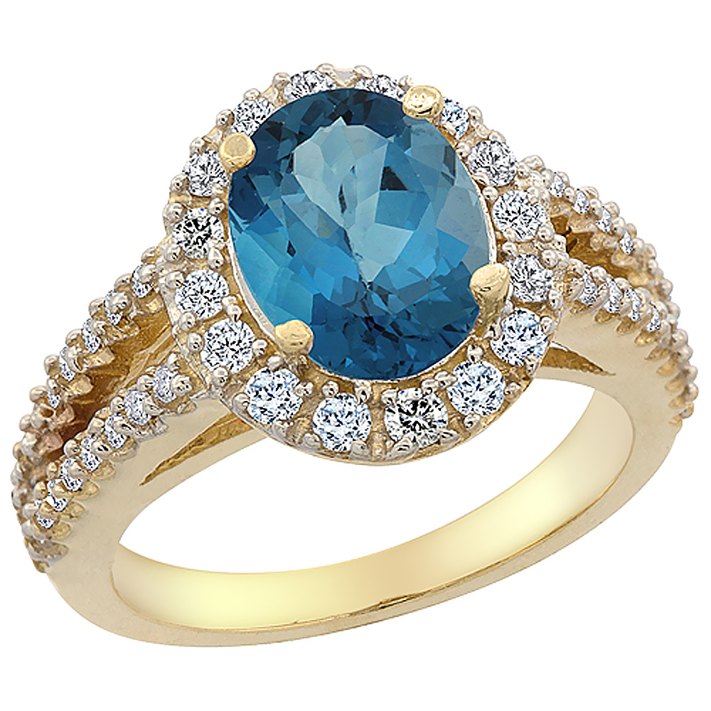 10K Yellow Gold Diamond Natural London Blue Topaz Engagement Ring Oval 10x8mm, sizes 5-10