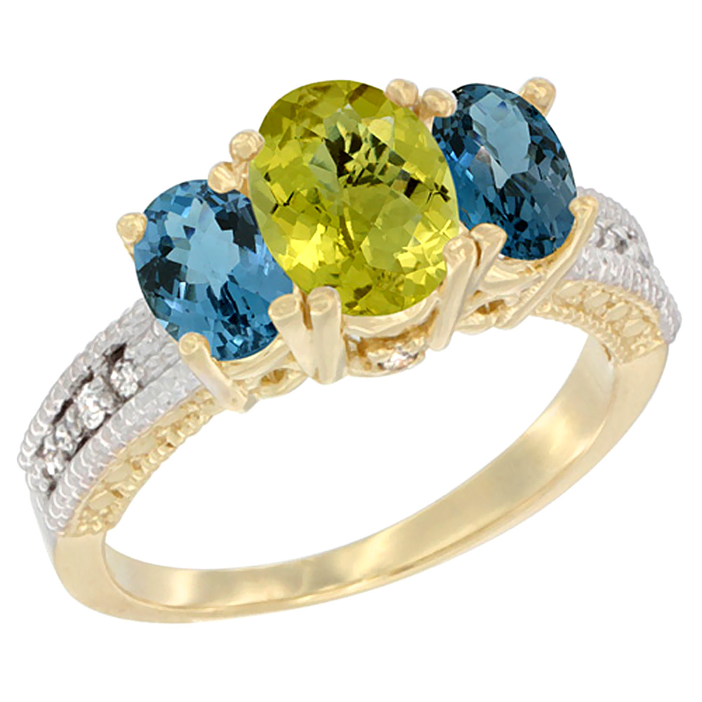 10K Yellow Gold Diamond Natural Lemon Quartz Ring Oval 3-stone with London Blue Topaz, sizes 5 - 10