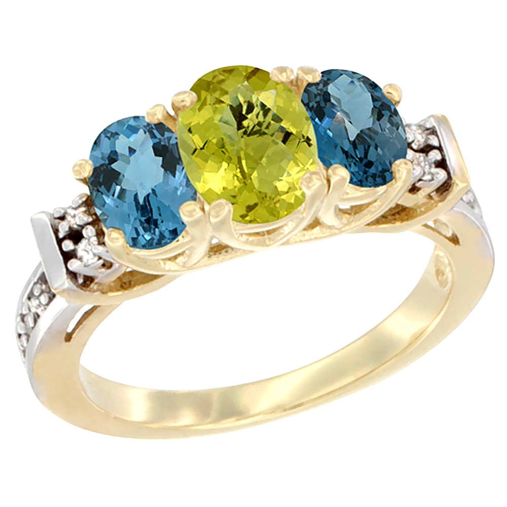 10K Yellow Gold Natural Lemon Quartz & London Blue Ring 3-Stone Oval Diamond Accent