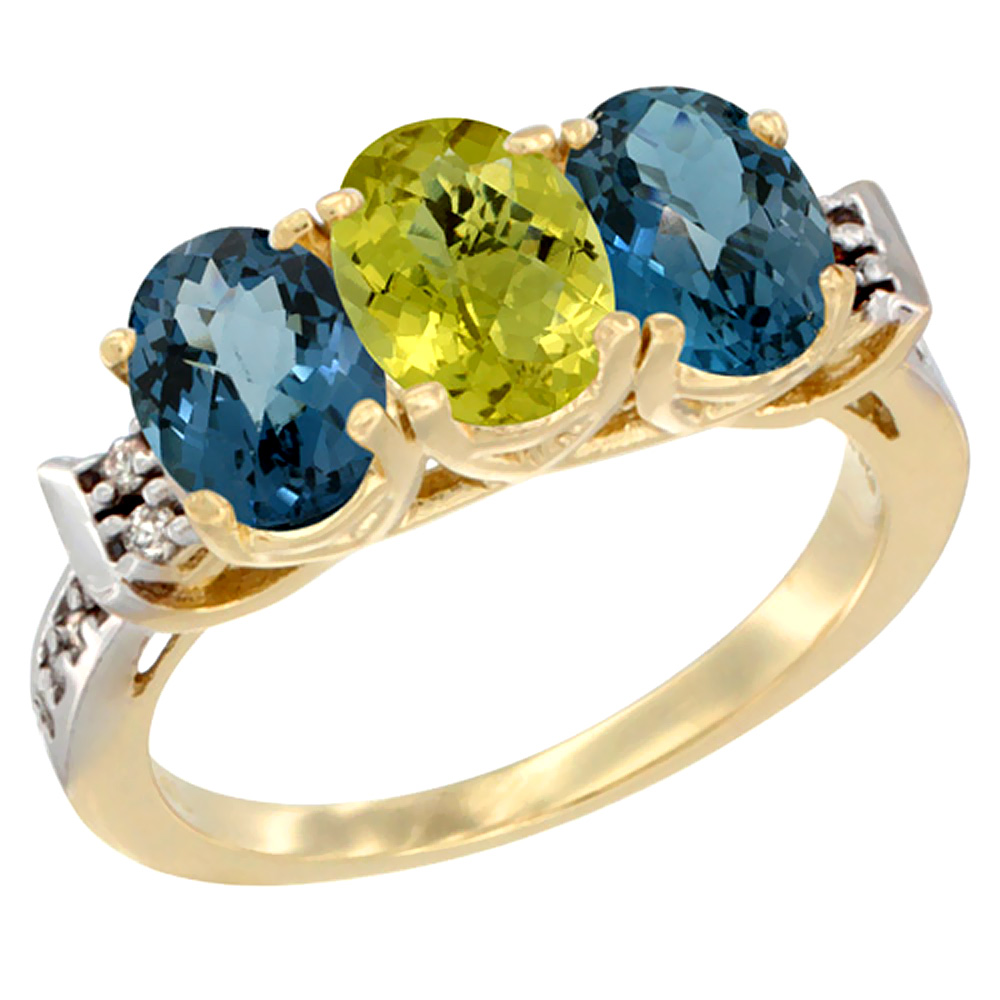 10K Yellow Gold Natural Lemon Quartz & London Blue Topaz Sides Ring 3-Stone Oval 7x5 mm Diamond Accent, sizes 5 - 10