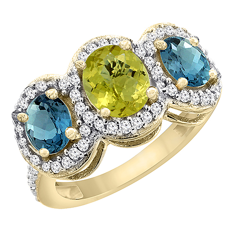 10K Yellow Gold Natural Lemon Quartz & London Blue Topaz 3-Stone Ring Oval Diamond Accent, sizes 5 - 10