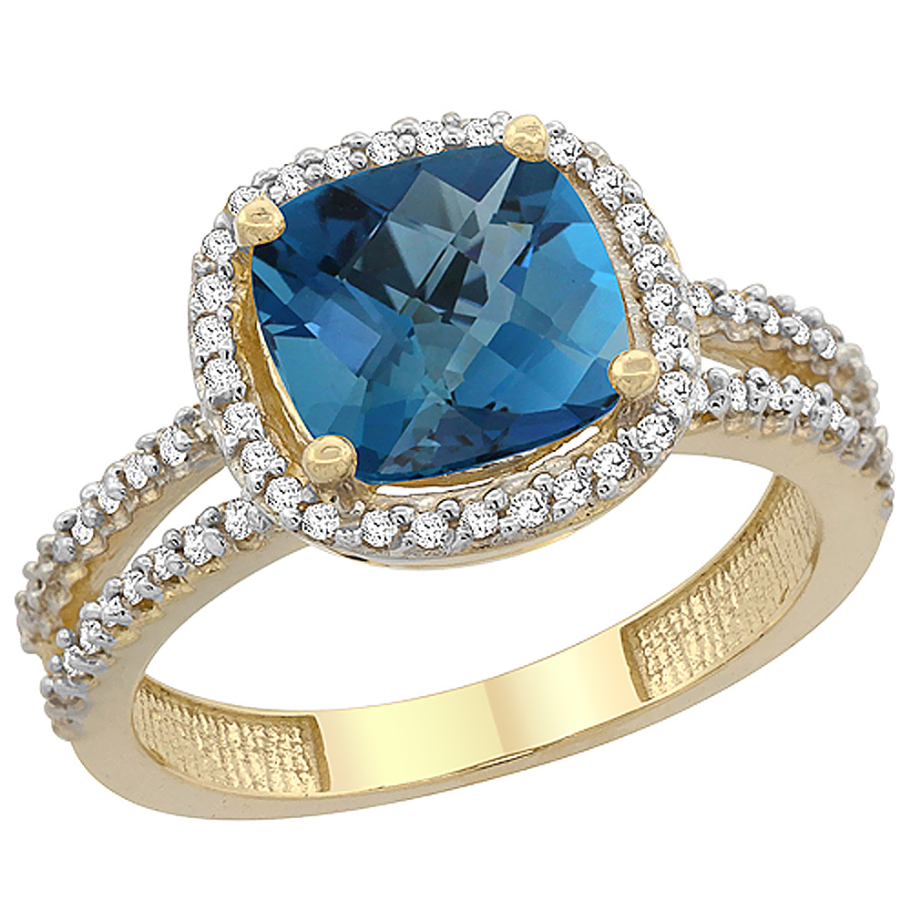 10K Yellow Gold Natural London Blue Topaz Ring Cushion-cut 8x8 mm 2-row Diamond Accents, sizes 5 - 10