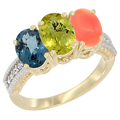 10K Yellow Gold Diamond Natural London Blue Topaz, Lemon Quartz &amp; Coral Ring 3-Stone Oval 7x5 mm, sizes 5 - 10