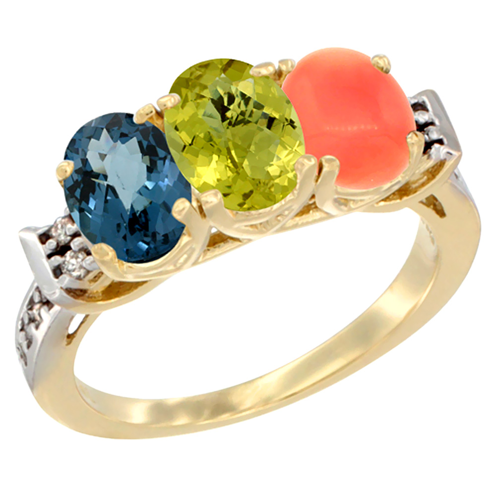 14K Yellow Gold Natural London Blue Topaz, Lemon Quartz & Coral Ring 3-Stone 7x5 mm Oval Diamond Accent, sizes 5 - 10