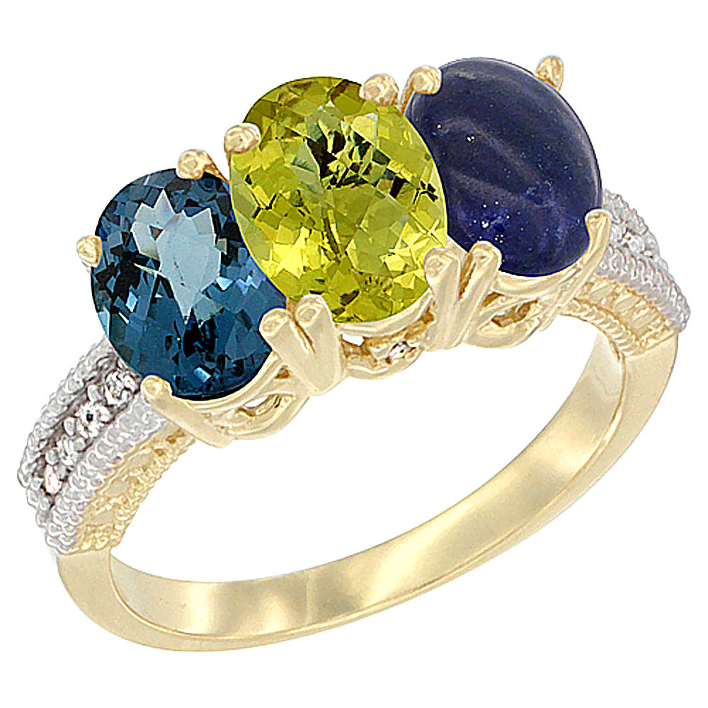 14K Yellow Gold Natural London Blue Topaz, Lemon Quartz & Lapis Ring 3-Stone 7x5 mm Oval Diamond Accent, sizes 5 - 10