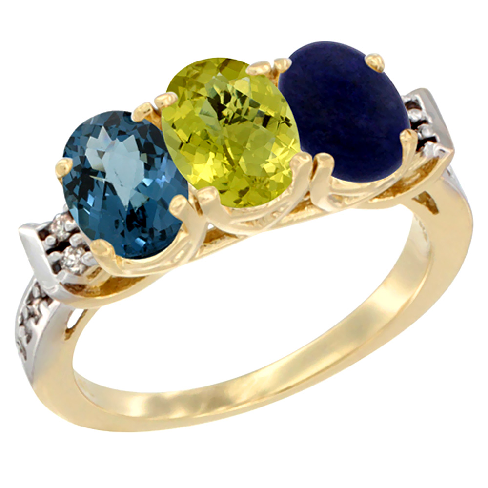 14K Yellow Gold Natural London Blue Topaz, Lemon Quartz & Lapis Ring 3-Stone 7x5 mm Oval Diamond Accent, sizes 5 - 10